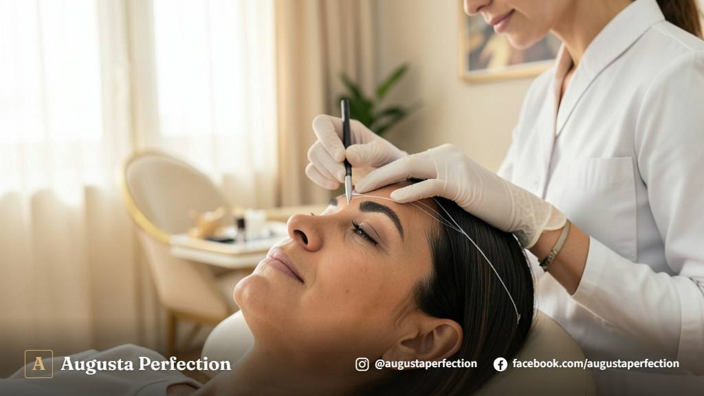 Especialista em estética realizando medição precisa para design de sobrancelhas em clínica elegante em Jaú.