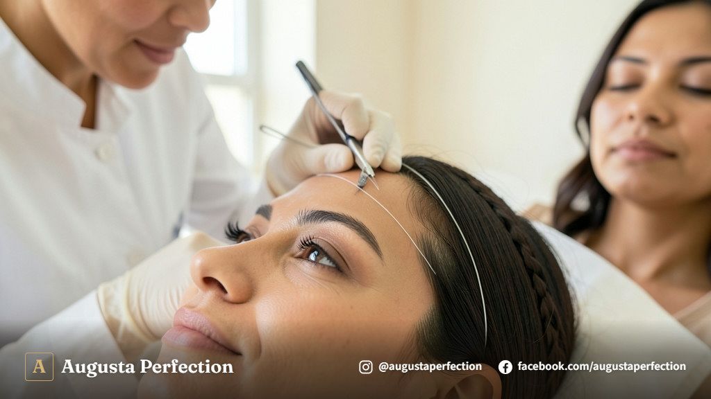 Profissional realizando mapeamento facial com paquímetro durante atendimento de design de sobrancelhas.