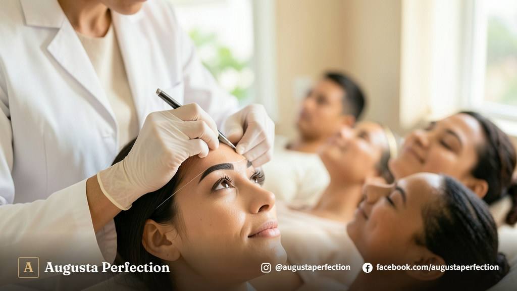 Sessão de manutenção de design de sobrancelhas em ambiente de clínica estética moderna.
