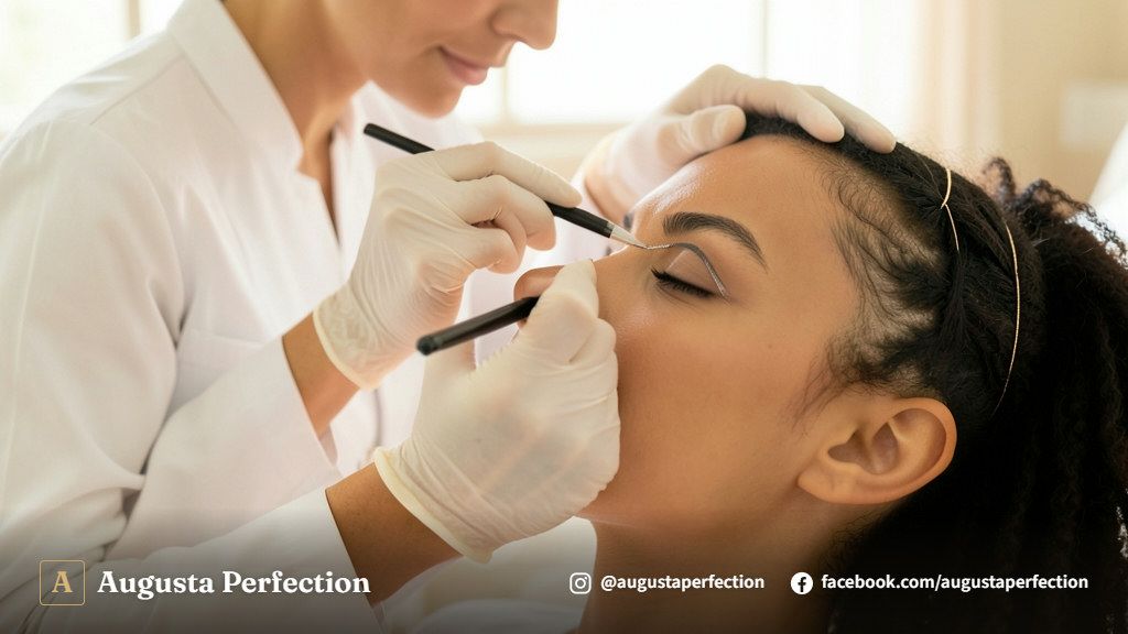 Especialista realizando medição facial cuidadosa para design de sobrancelhas em ambiente de clínica estético.