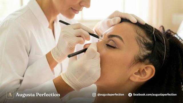 Especialista realizando medição facial cuidadosa para design de sobrancelhas em ambiente de clínica estético.