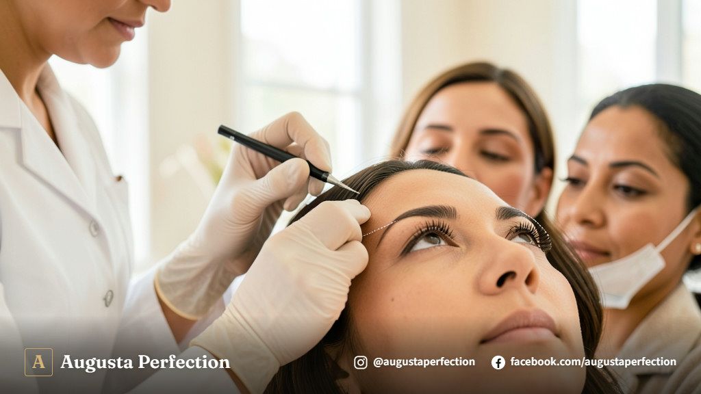 Especialista realizando mapeamento facial para design de sobrancelhas em uma clínica de estética sofisticada.
