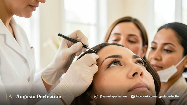 Especialista realizando mapeamento facial para design de sobrancelhas em uma clínica de estética sofisticada.