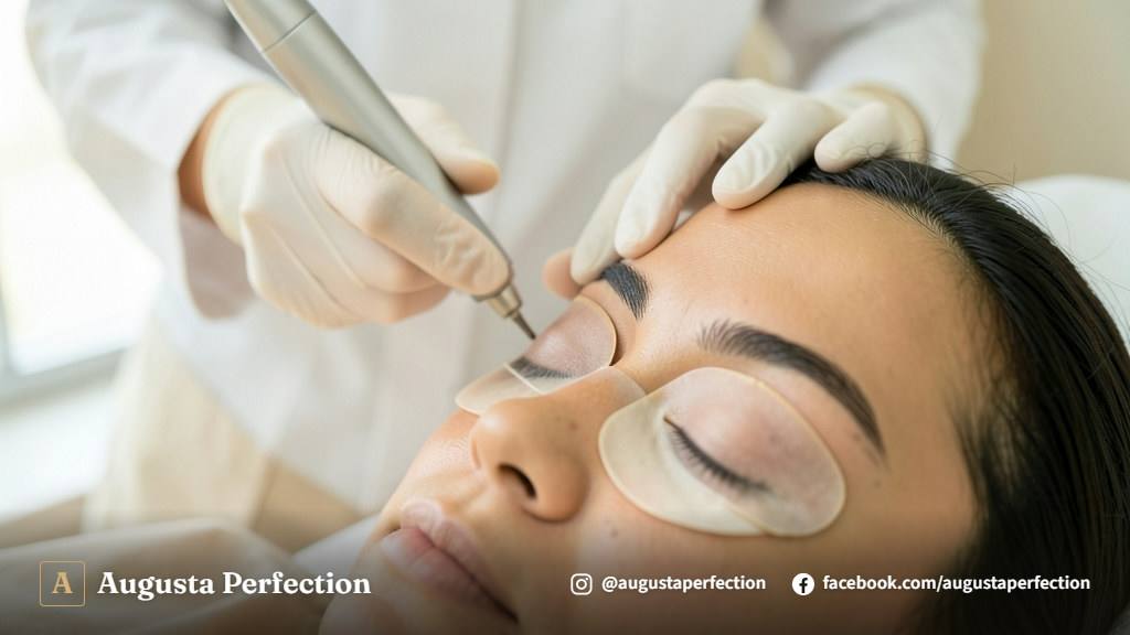 Equipamento de despigmentação a laser em ambiente de clínica estética avançada e sofisticada.