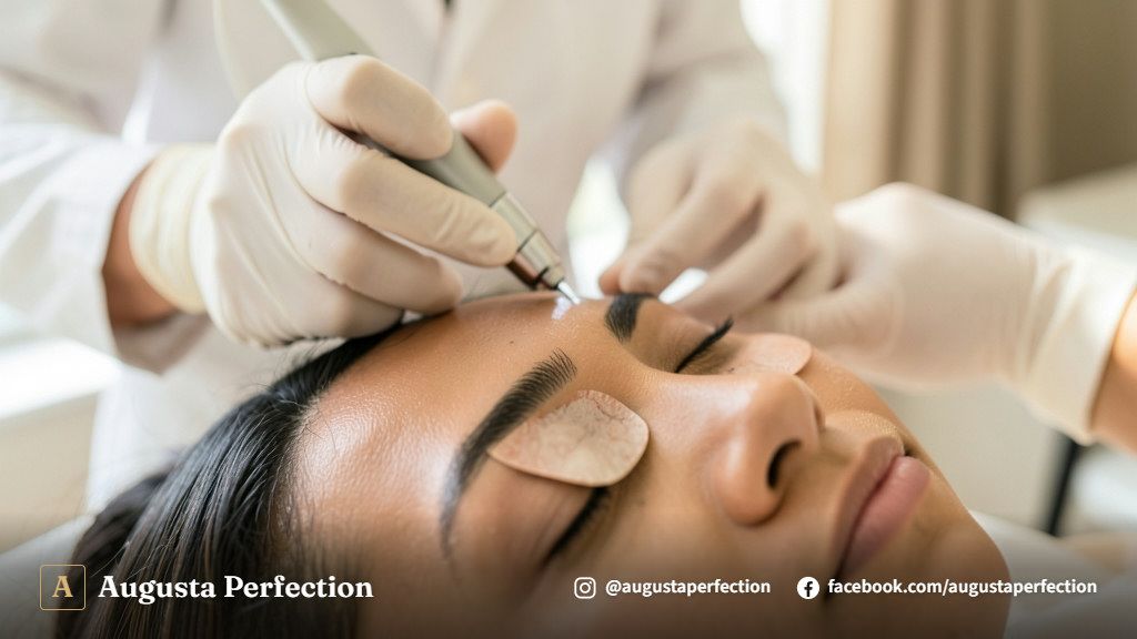 Profissional de estética preparando equipamento de laser em ambiente clínico aconchegante e higienizado.