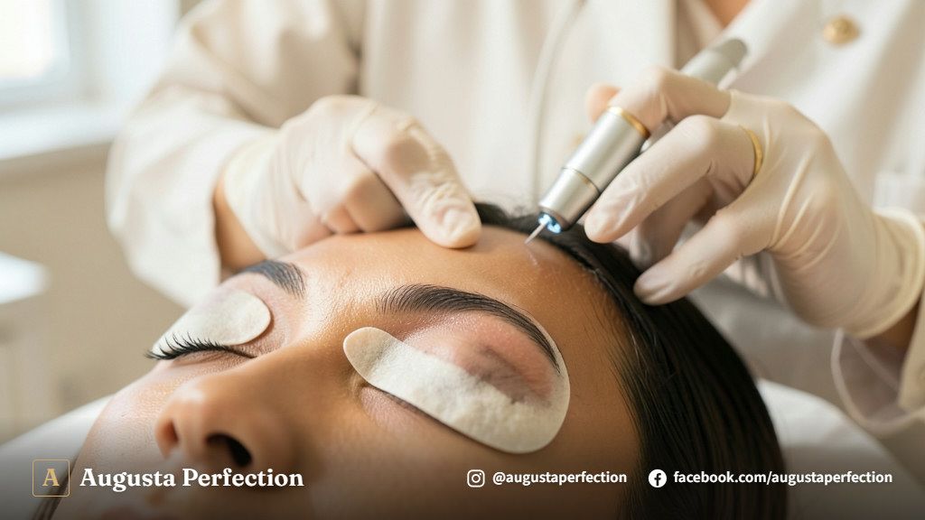 Profissional realizando procedimento de despigmentação a laser em ambiente de clínica estética avançada.