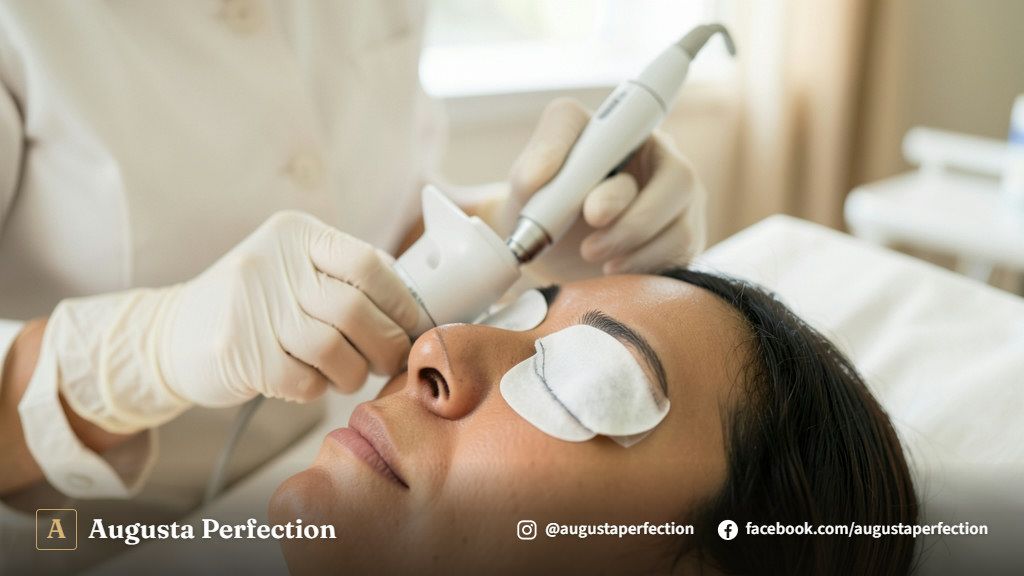 Equipamento moderno de despigmentação a laser em sala de atendimento clínico estético elegante em Campinas.