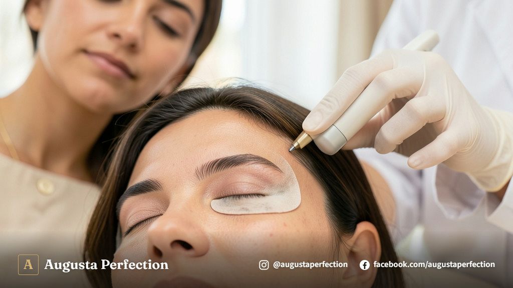 Profissional realizando procedimento de despigmentação a laser em ambiente clínico moderno e seguro.