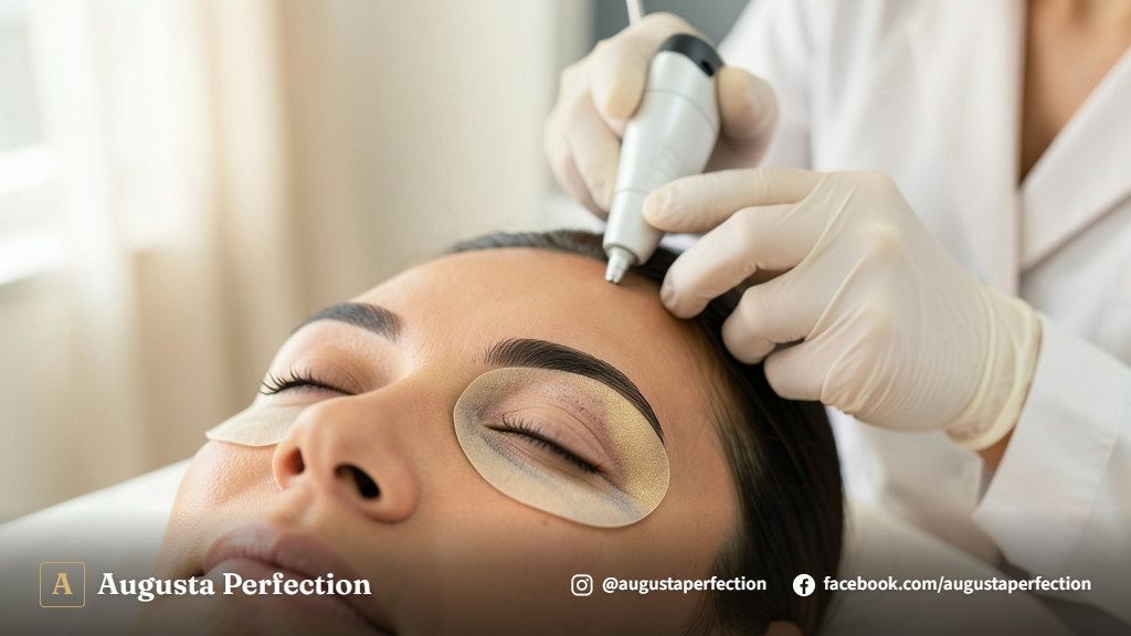 Especialista avaliando a pele e sobrancelha de paciente em consultório moderno de estética avançada.