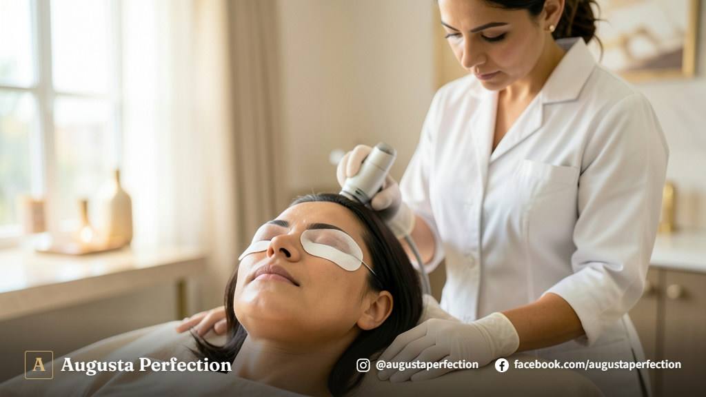 Especialista em estética preparando equipamento de despigmentação a laser em ambiente clínico premium.