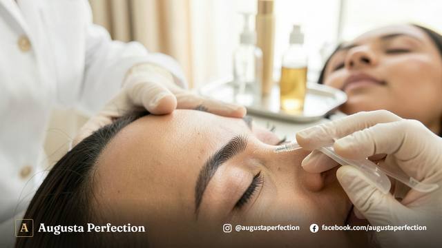Profissional de estética aplicando solução para despigmentação química na pele do rosto em ambiente clínico.