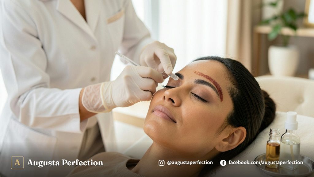 Profissional de estética em consultório realizando avaliação da pele do rosto de uma paciente para despigmentação química.