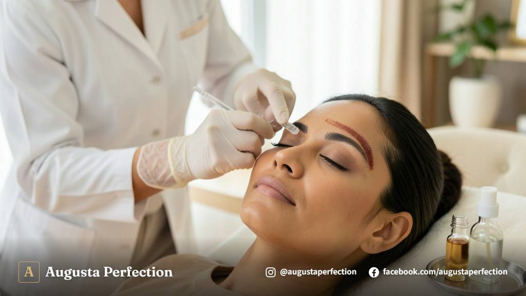 Profissional de estética em consultório realizando avaliação da pele do rosto de uma paciente para despigmentação química.