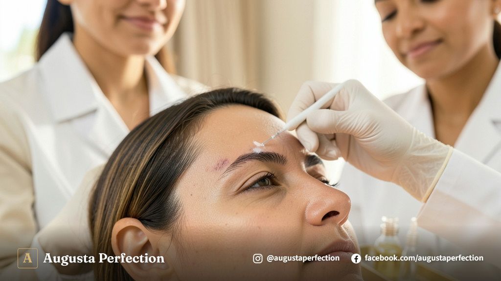 Mãos enluvadas de profissional de estética preparando cosméticos suaves em bancada elegante de clínica.