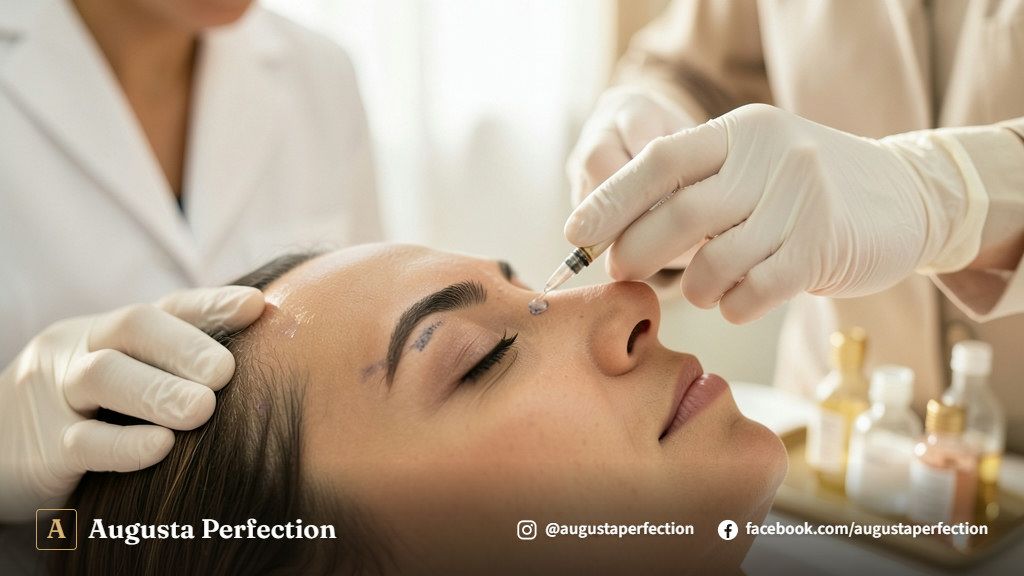 Profissional de estética segurando frasco de solução para despigmentação química em clínica em Bauru