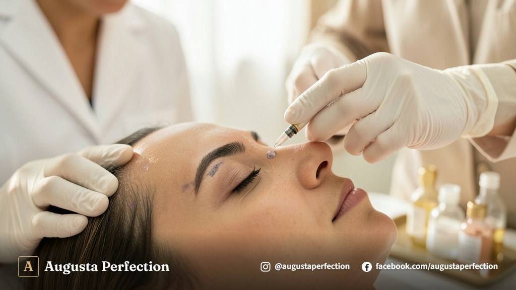 Profissional de estética segurando frasco de solução para despigmentação química em clínica em Bauru