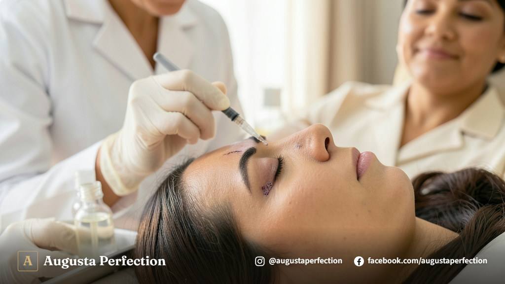 Ambiente de clínica estética em Jundiaí com produtos para despigmentação química organizados sobre bandeja cirúrgica.