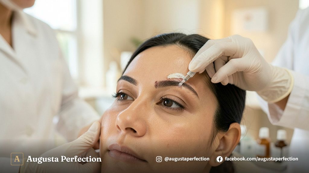 Profissional de estética preparando solução química para clareamento da pele em ambiente clínico premium.