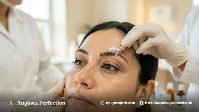 Profissional de estética preparando solução química para clareamento da pele em ambiente clínico premium.