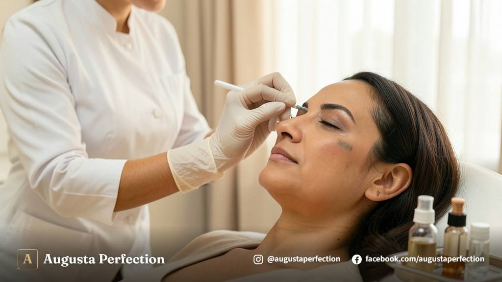 Profissional de estética preparando solução química para procedimento em ambiente clínico limpo e seguro.