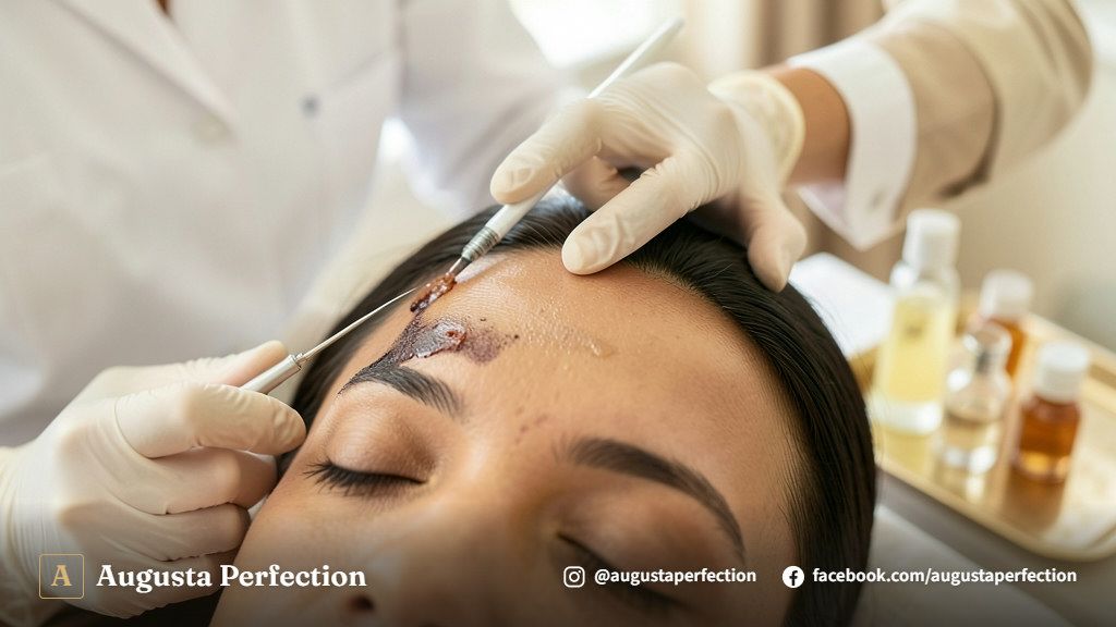 Profissional de estética com luvas segurando recipiente com produto para despigmentação química em clínica elegante.