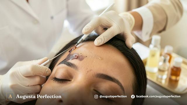 Profissional de estética com luvas segurando recipiente com produto para despigmentação química em clínica elegante.