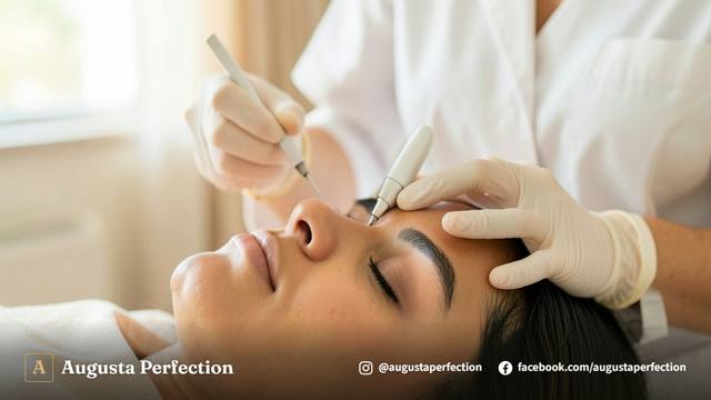 Especialista realizando consulta de blefaroplastia sem cortes com jato de plasma em clínica estética.