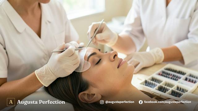 Especialista em estética avaliando a saúde dos cílios naturais de uma paciente em ambiente clínico seguro.