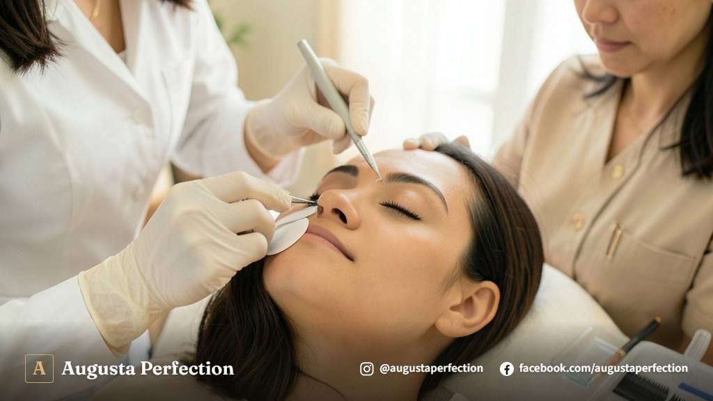 Profissional realizando a higienização e alinhamento de extensão de cílios em ambiente de clínica estética.