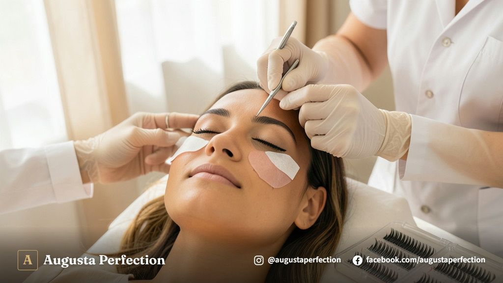 Materiais e pinças de precisão para extensão de cílios em ambiente de clínica estética em Campinas.