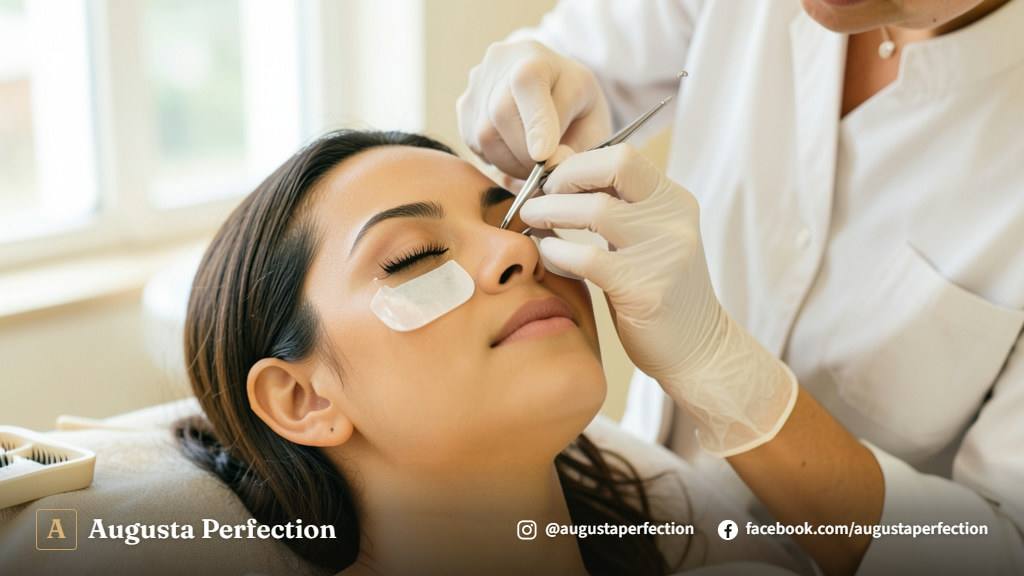 Profissional de estética aplicando extensão de cílios com pinças de precisão em ambiente clínico elegante.