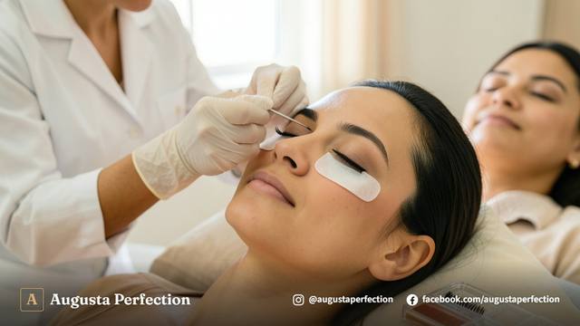 Profissional de estética aplicando extensão de cílios em ambiente clínico e sofisticado.
