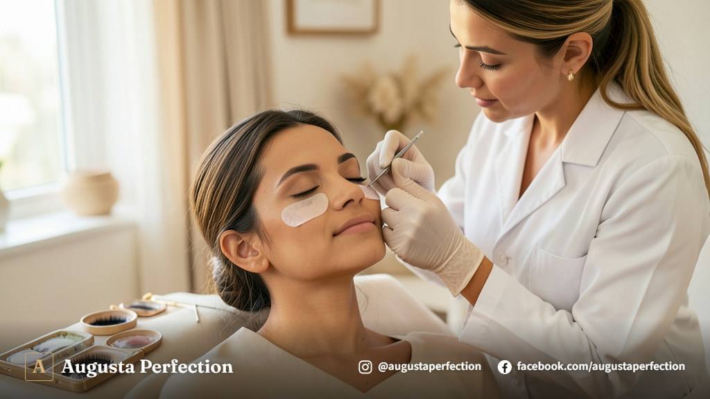 Detalhe de instrumentos profissionais para aplicação de extensão de cílios em ambiente de clínica de estética.