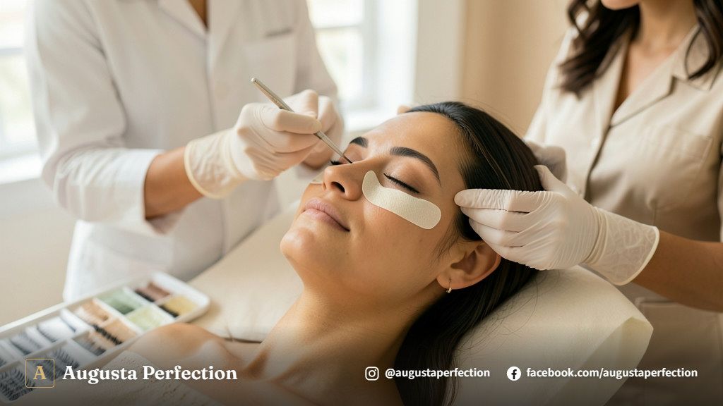 Profissional de estética aplicando extensão de cílios com pinça de precisão e protocolo de segurança em clínica.