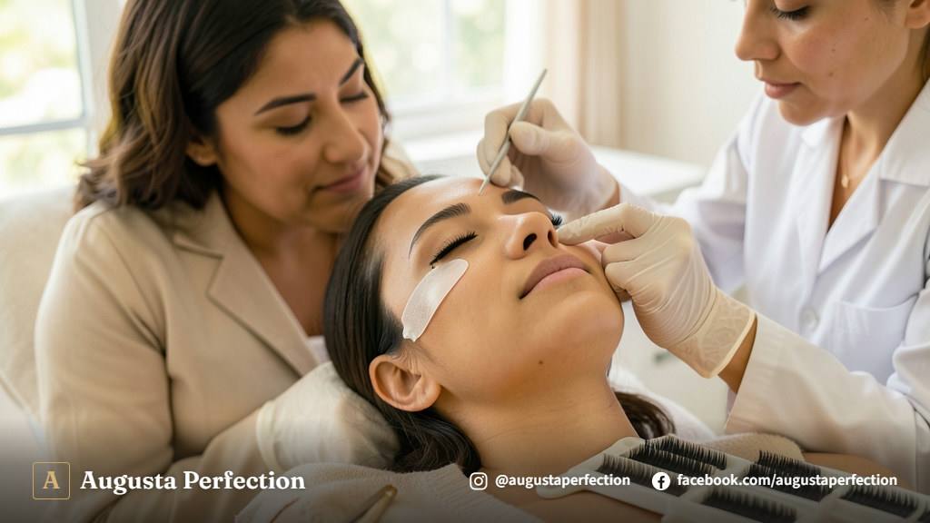 Profissional de estética preparando instrumentos de precisão para manutenção de extensão de cílios em ambiente acolhedor.