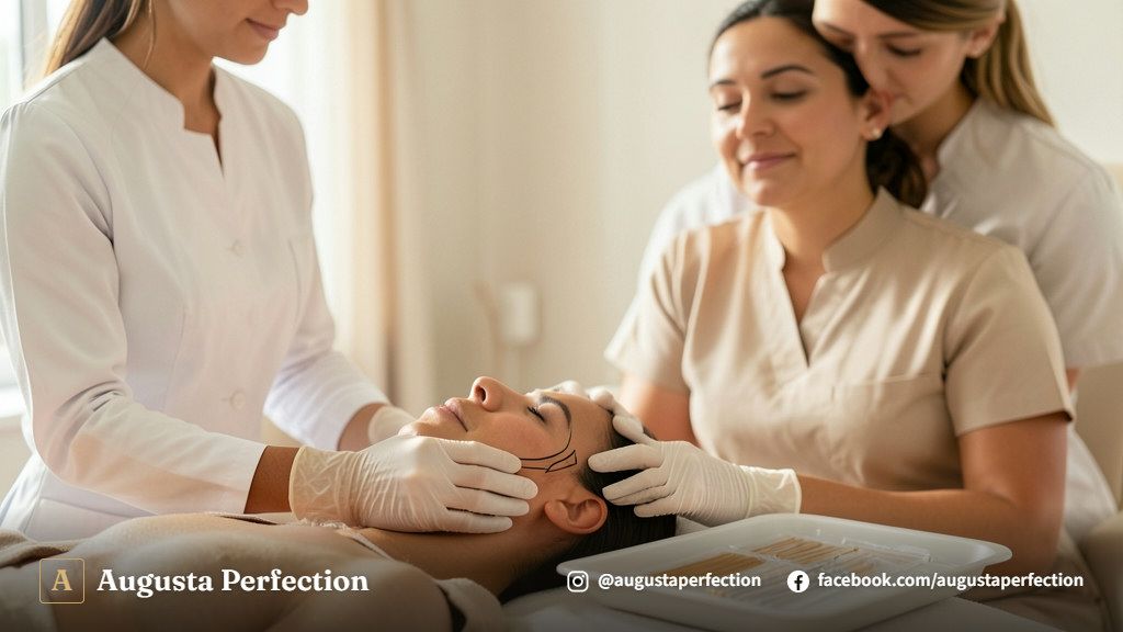 Profissional de estética em ambiente clínico segurando embalagem estéril de fios de PDO para tratamento facial
