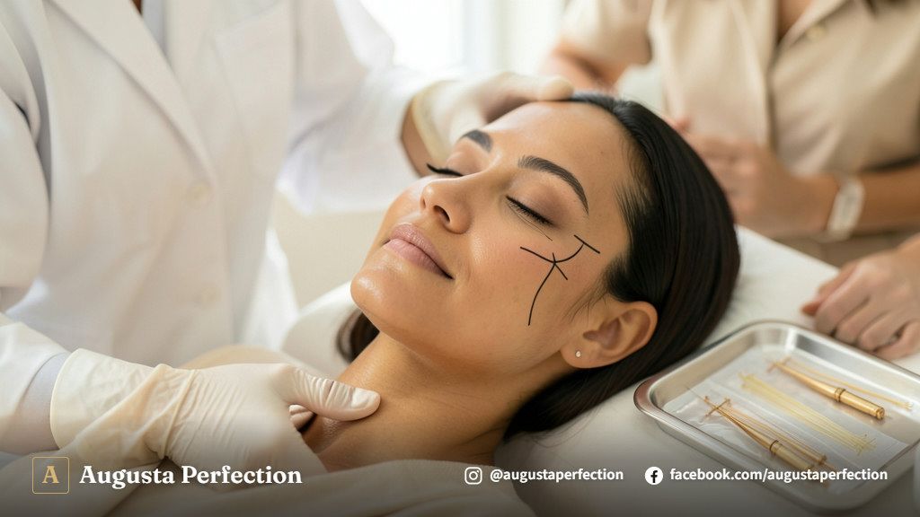 Profissional de estética preparando fios de PDO em ambiente clínico estéril e moderno para procedimento facial.