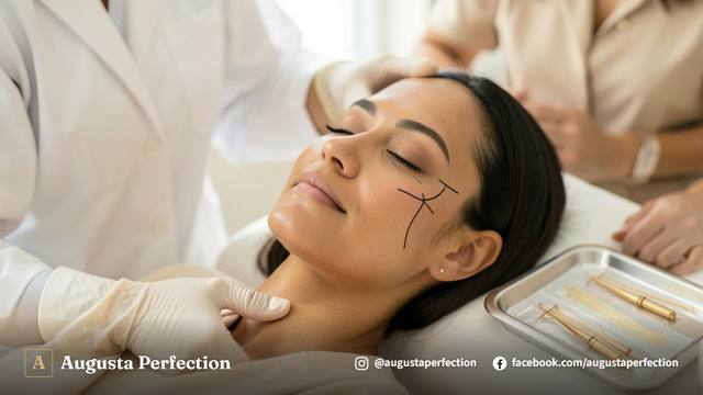 Profissional de estética preparando fios de PDO em ambiente clínico estéril e moderno para procedimento facial.
