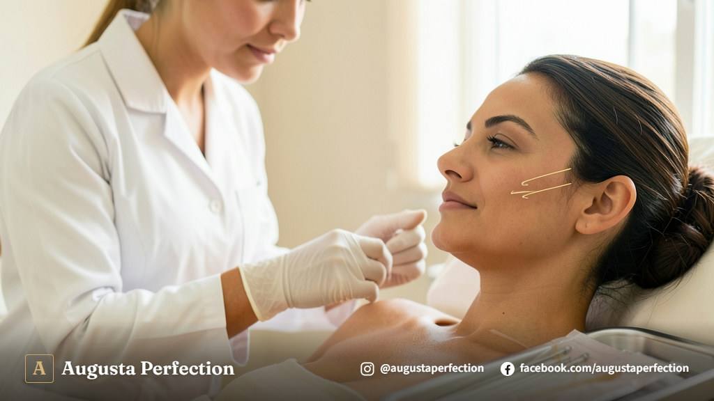 Profissional de estética médica com luvas segurando insumos em ambiente clínico elegante e acolhedor.
