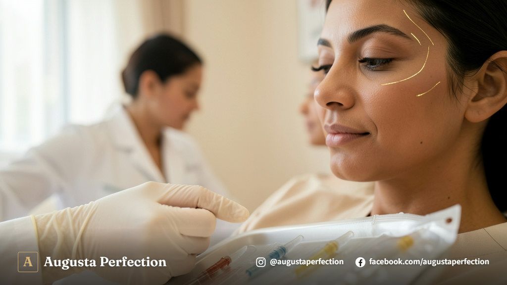 Sala de atendimento de clínica de estética avançada com iluminação acolhedora e ambiente profissional.