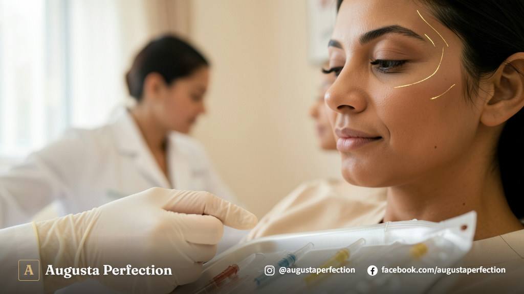 Sala de atendimento de clínica de estética avançada com iluminação acolhedora e ambiente profissional.