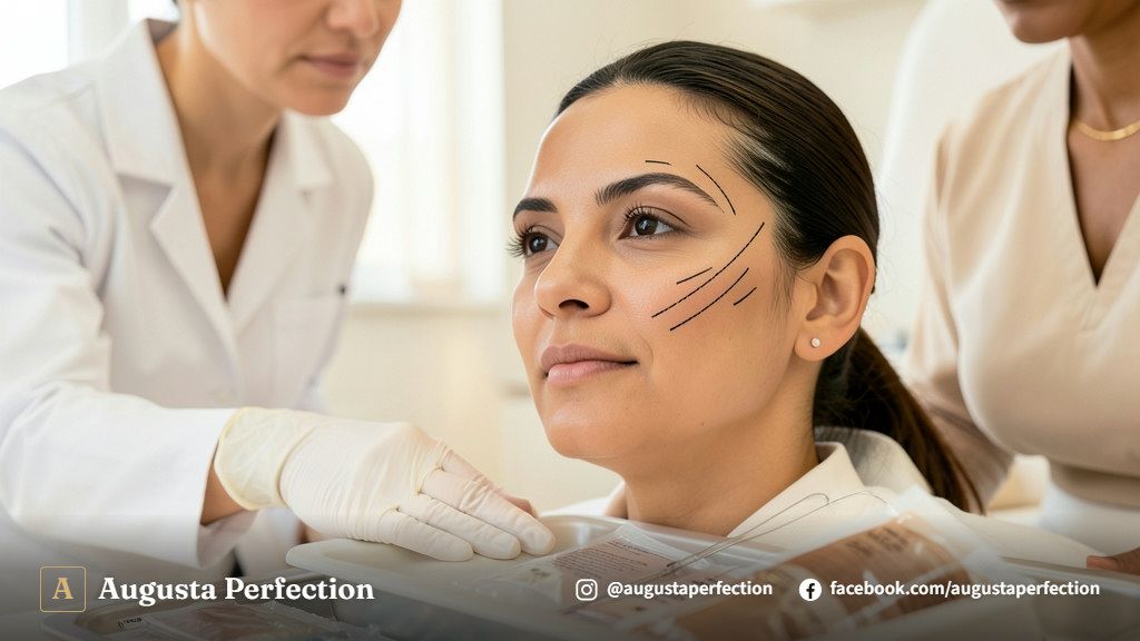 Mãos de profissional em clínica estética preparando procedimento com fios de sustentação PDO em ambiente elegante.
