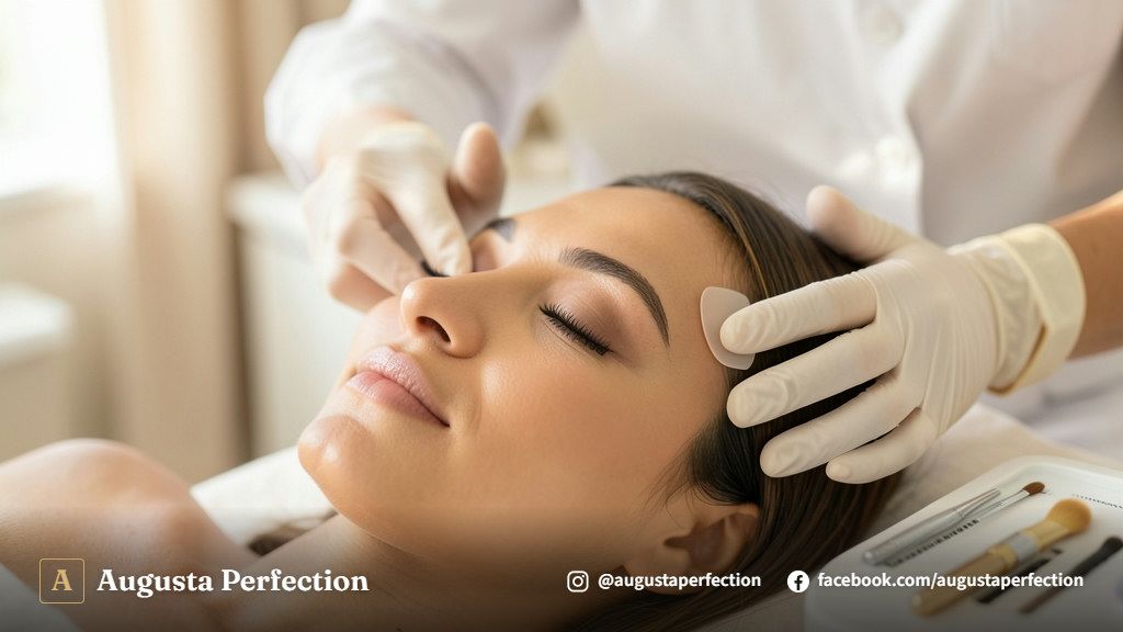 Detalhe de instrumentos e produtos para Lash Lifting em ambiente de clínica de estética em Bauru.