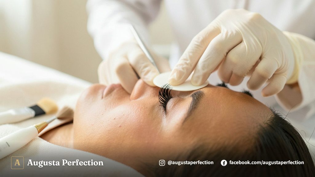 Profissional realizando procedimento delicado de Lash Lifting nos cílios de uma paciente em ambiente de clínica.