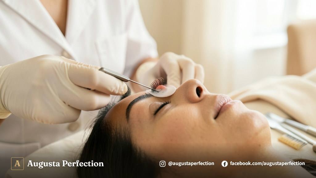 Detalhe de instrumentos estéticos de alta precisão e produtos para lash lifting em ambiente clínico sofisticado.
