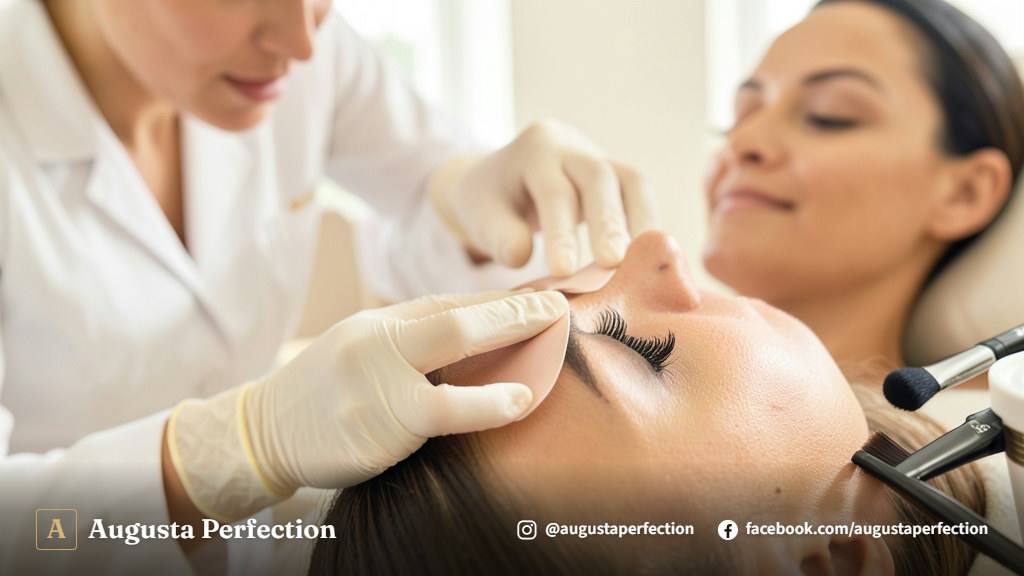 Profissional realizando tratamento de nutrição e restauração nos cílios em ambiente clínico e sofisticado.