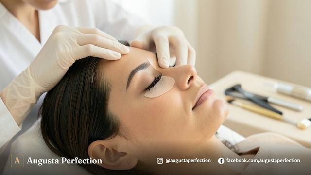 Profissional realizando procedimento delicado nos cílios de paciente em ambiente de clínica estética.