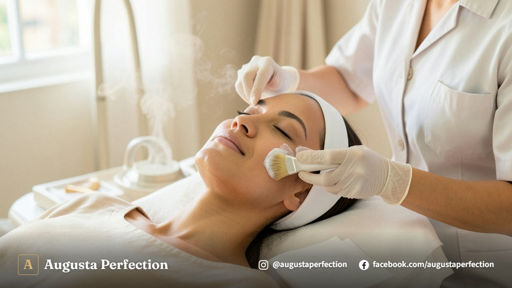 Profissional de estética aplicando produto calmante na pele limpa de uma paciente em ambiente de clínica iluminado.