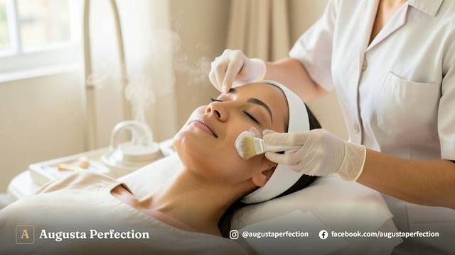 Profissional de estética aplicando produto calmante na pele limpa de uma paciente em ambiente de clínica iluminado.