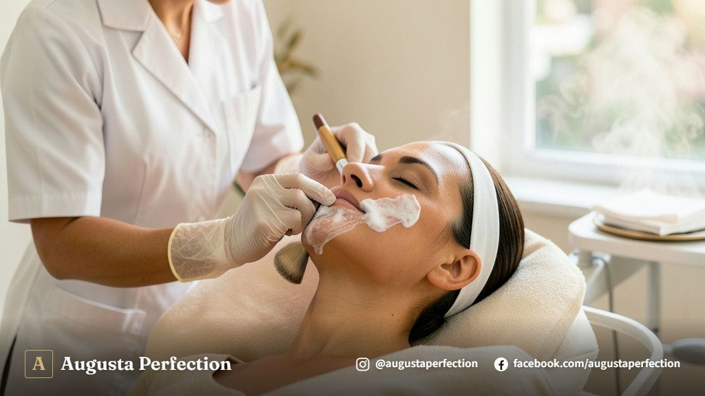 Profissional realizando aplicação de máscara calmante durante limpeza de pele em clínica especializada em Jaú.